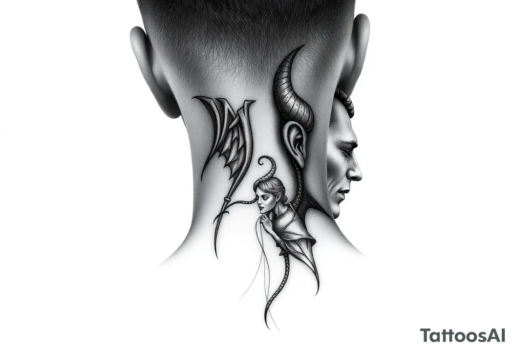 position behind the neck Angel (on the right) whispering in the right ear, demon (on the left) whispering in the left ear. It must be as realistic as possible. tattoo idea