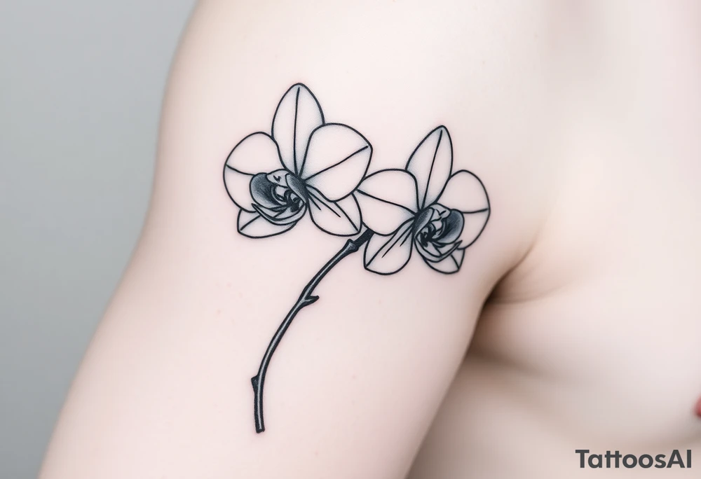 A delicate, black and white fine-line tattoo for make, featuring a gracefully detailed orchid stem with two flowers in full bloom, with soft, intricate petals and elegant curves tattoo idea