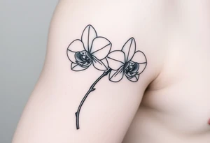 A delicate, black and white fine-line tattoo for make, featuring a gracefully detailed orchid stem with two flowers in full bloom, with soft, intricate petals and elegant curves tattoo idea