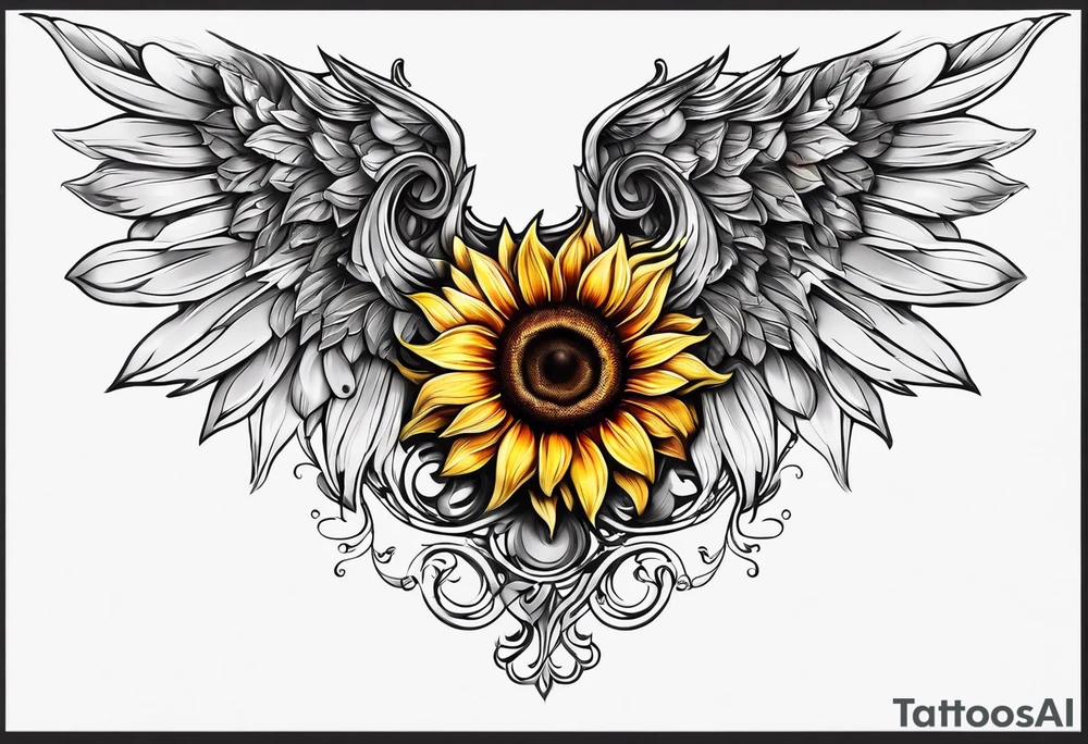 Sunflowers and angel wings leg sleeve tattoo idea