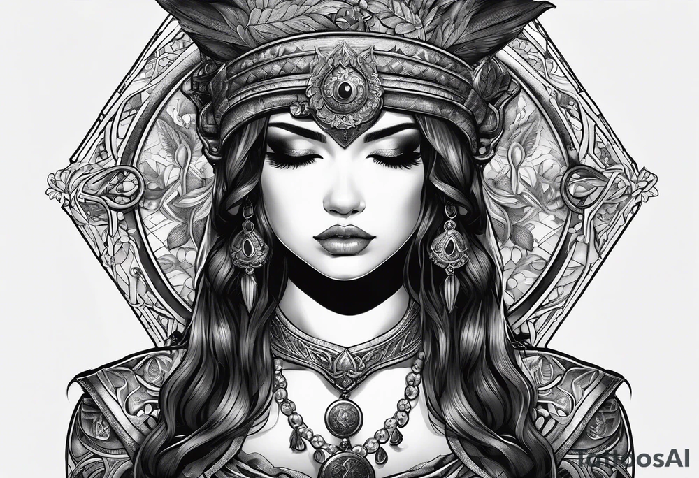 Bind Girl with cover on her eyes with a sword in her hand and in the other hand holds a scale tattoo idea
