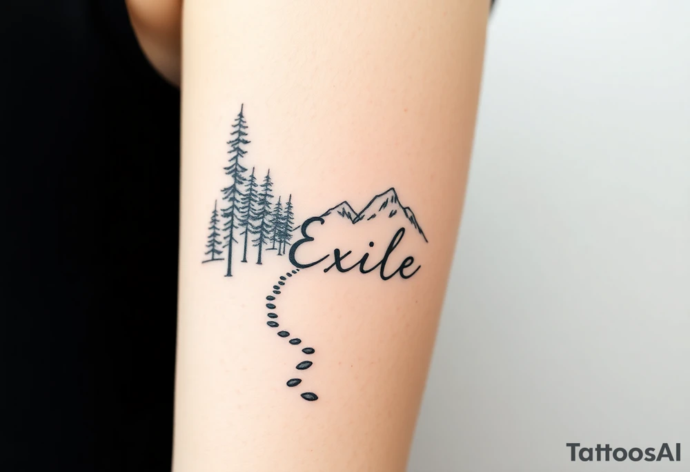 A path in the woods with mountains in the background, the word "Exile" blended in the drawing tattoo idea