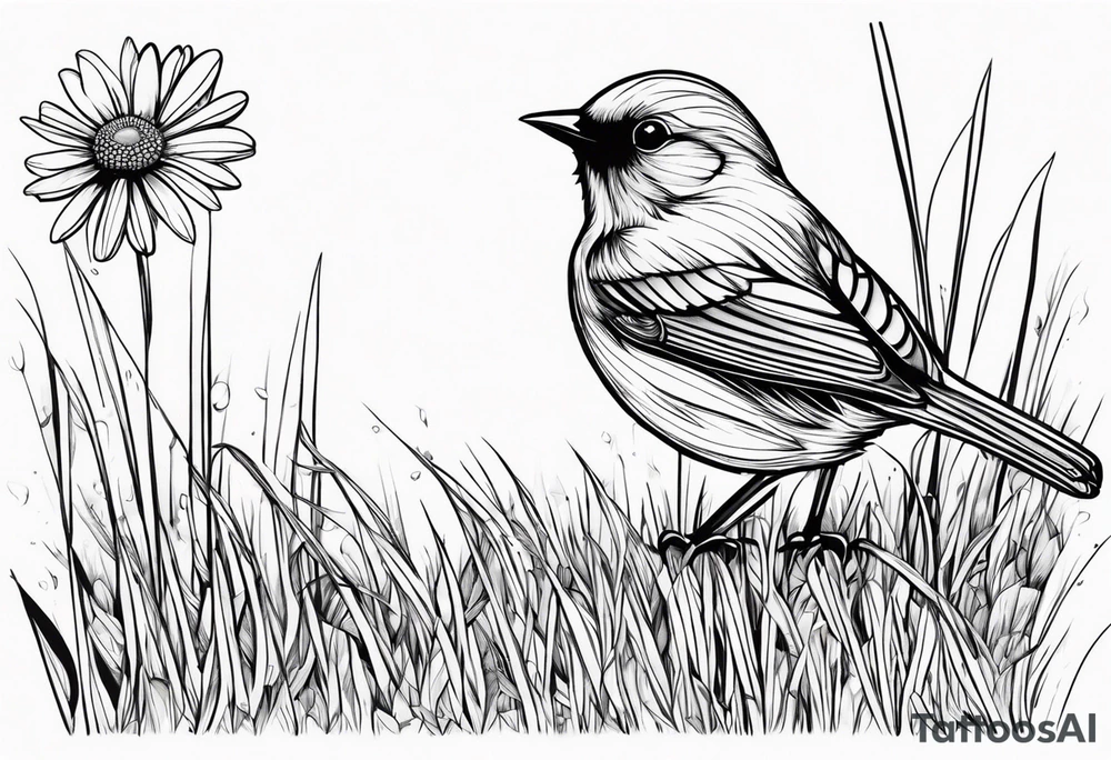 Little bird perched in grass with daisy tattoo idea