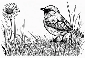 Little bird perched in grass with daisy tattoo idea