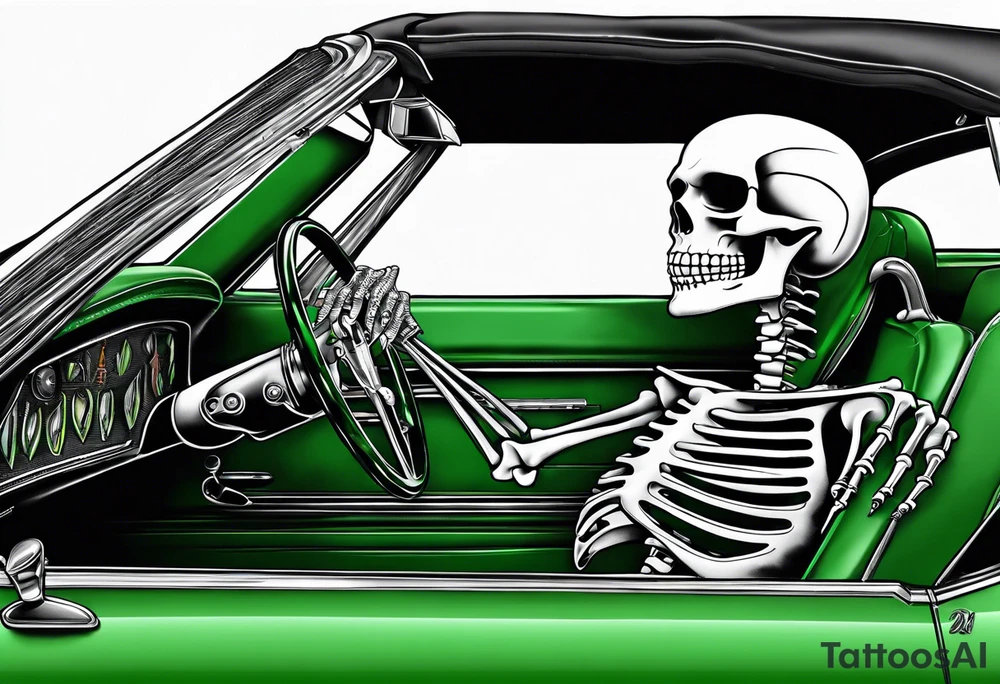 Skeleton smoking a cigarette driving a green 1976 convertible Corvette tattoo idea