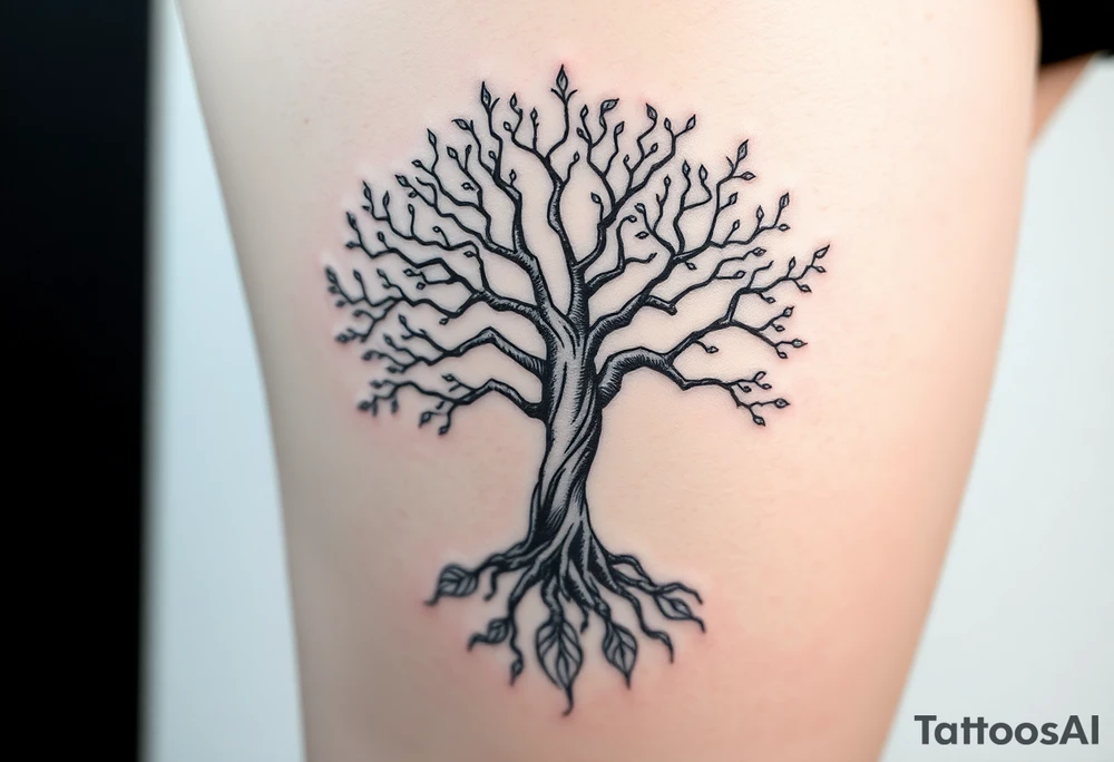 mystical tree of life with cosmic roots and celestial branches tattoo idea