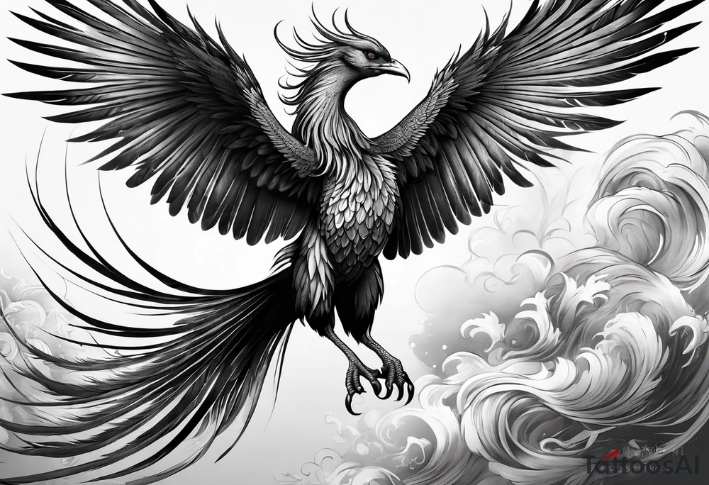 asian elegant long feathered phoenix
in flight with a long neck, with wings in close to body tattoo idea