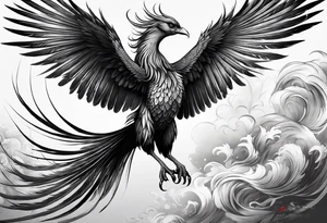 asian elegant long feathered phoenix
in flight with a long neck, with wings in close to body tattoo idea