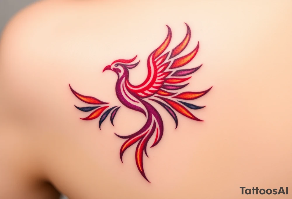 Phoenix rising from the ashes with the colors red, pink, orange and purple. Size 3 cm wide and 5 cm high tattoo idea