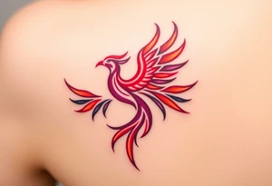 Phoenix rising from the ashes with the colors red, pink, orange and purple. Size 3 cm wide and 5 cm high tattoo idea