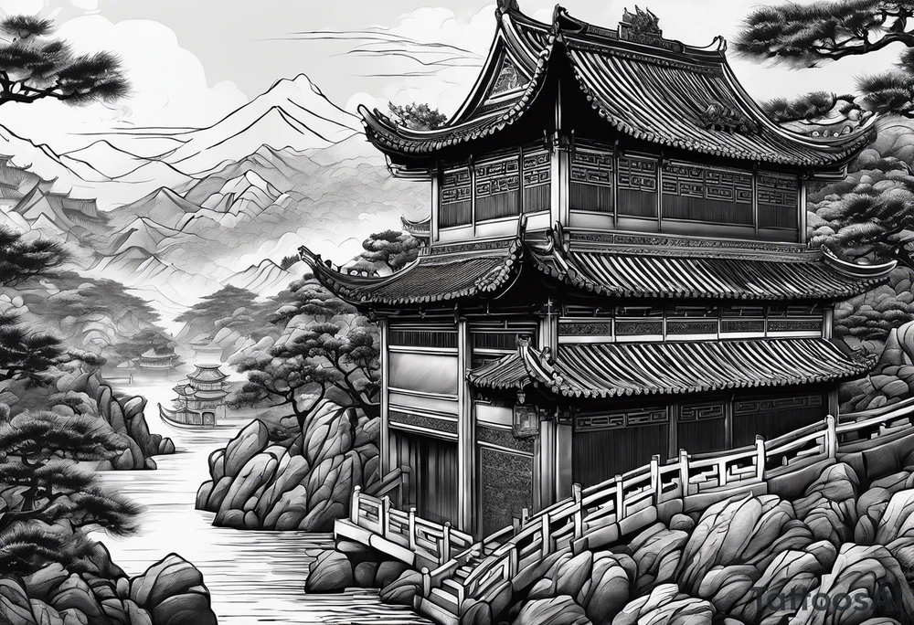 Chinese wall, realistic, art, gezeichnet, fine line tattoo idea