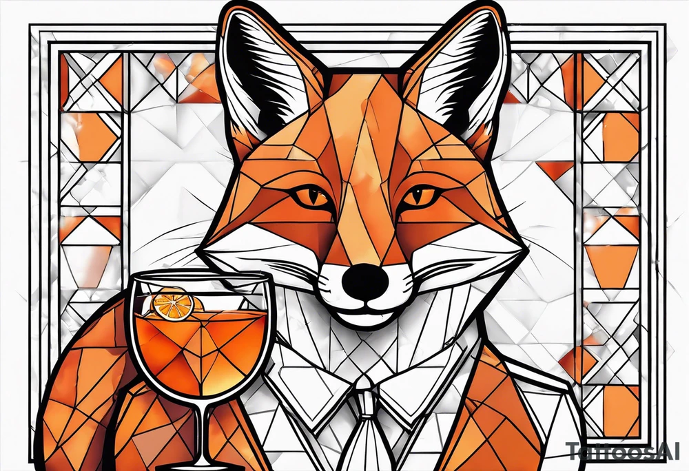 Adult male fox with one Negroni in short lowball cocktail glass with ice and orange peel with disco background tattoo idea
