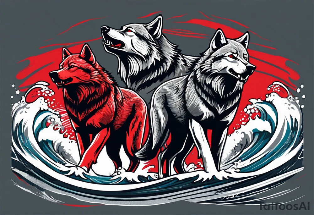 a pack of 3 howling muscular  gray wolves surfing waves with a linear background with red, white and black and gray including the word Howler in an aggressive script font tattoo idea