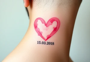 A soft watercolor heart in pastel pink and ivory, with golden dust accents, with wedding date 15.03.2018 tattoo idea