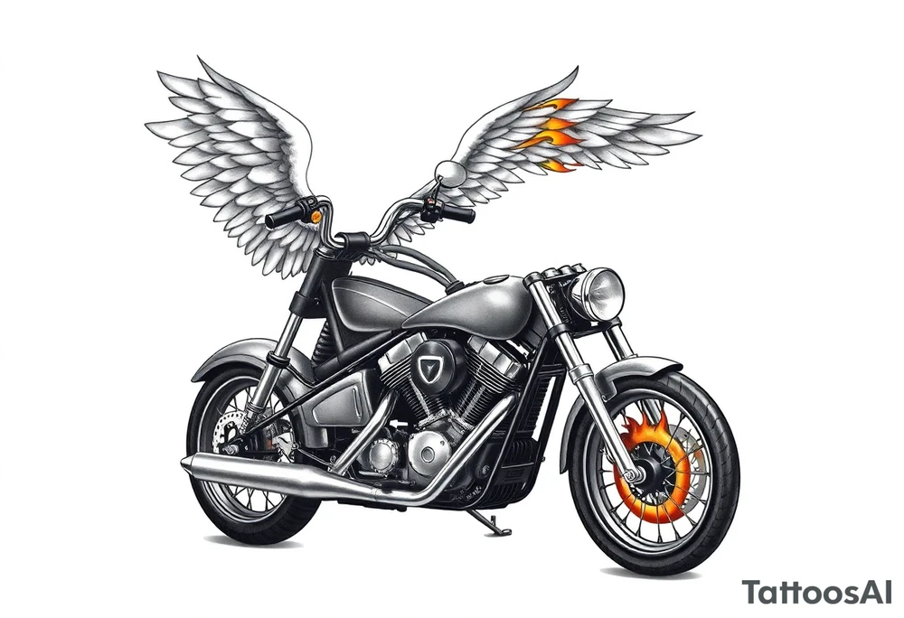 Low rider grey motorcycle, big muffler pipes with flames, angel wings, driving away, no person tattoo idea