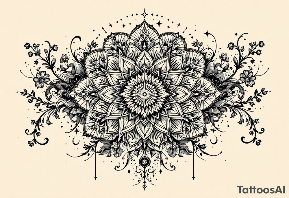 intricate mandala with sacred geometry and cosmic elements tattoo idea