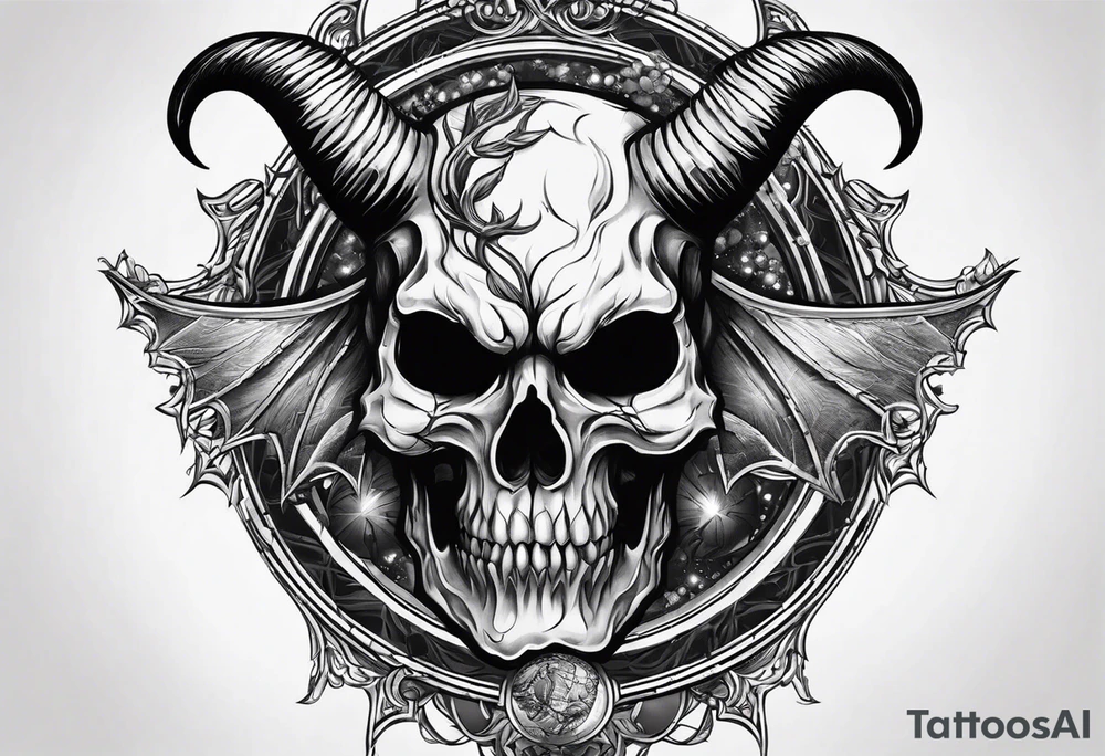 Devil skull  with hollow eyes and  horns holding the earth tattoo idea