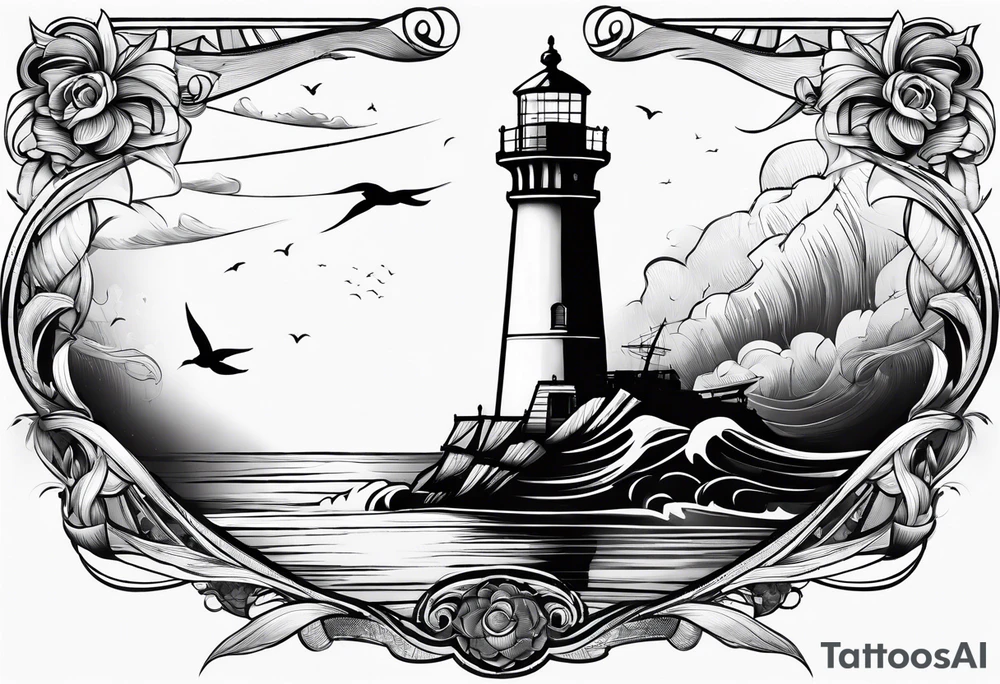 maritime lighthouse partially hidden by its  large fixed sails. tattoo idea
