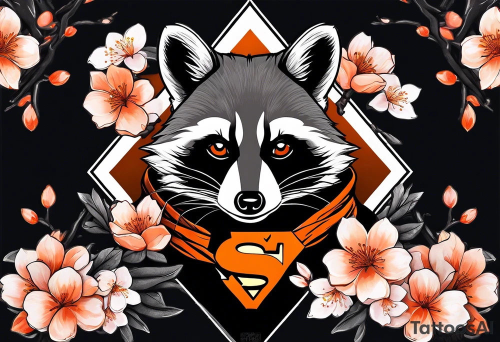Raccoon wearing a white Superman logo on a black hoodie and orange Japanese cherry blossoms tattoo idea