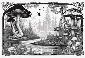 Mermaid silhouette in a swamp with cypress trees, mushrooms and music. tattoo idea