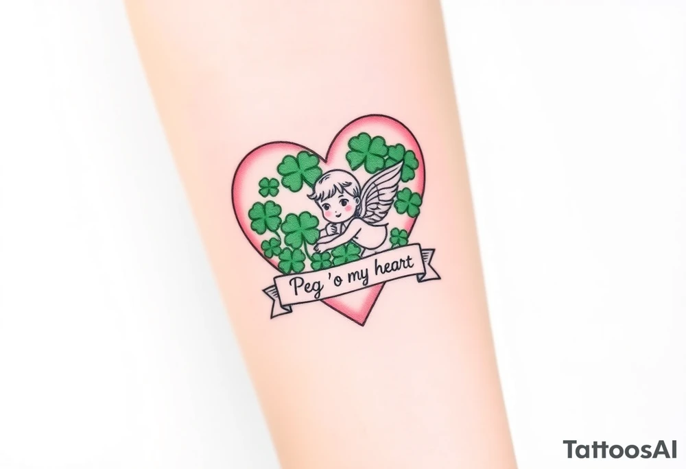 a big pale pink heart and a cute angel in a bunch of green shamrocks, with a banner across the heart that says Peg 'o My Heart tattoo idea