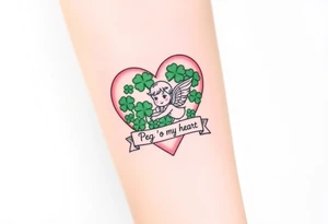 a big pale pink heart and a cute angel in a bunch of green shamrocks, with a banner across the heart that says Peg 'o My Heart tattoo idea