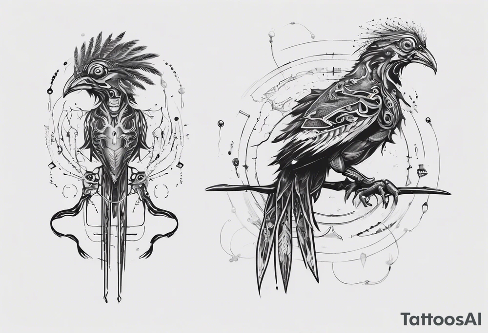 Cyberpunk Guatemalan Quetzal bird with Neurons tattoo idea