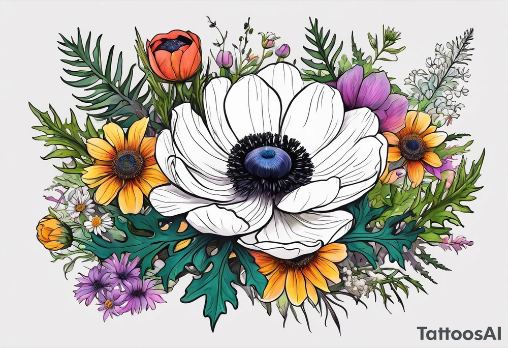 one white anemone with black center in the middle of mixed colorful wildflowers all with different shapes including thistles, ferns, ranuculus, and sun flowers tattoo idea