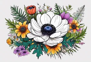 one white anemone with black center in the middle of mixed colorful wildflowers all with different shapes including thistles, ferns, ranuculus, and sun flowers tattoo idea