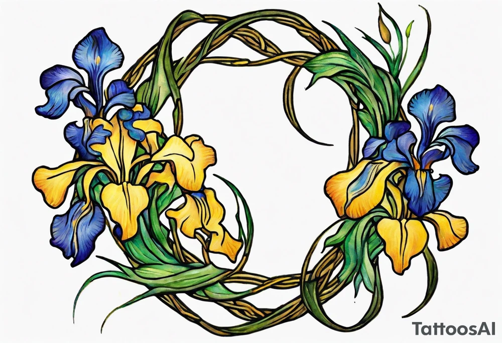 Create a small thick colorful Vincent van Gogh Irises tattoo , with vines in Celtic knots gracefully intertwining at a central point in the middle of the wreath.  The intended placement is on the upper chest. The overall design should be small in size while maintaining a delicate and artistic aesthetic. Pay attention to the graceful flow of the vines and the placement of the irises to achieve a refined and elegant look. tattoo idea