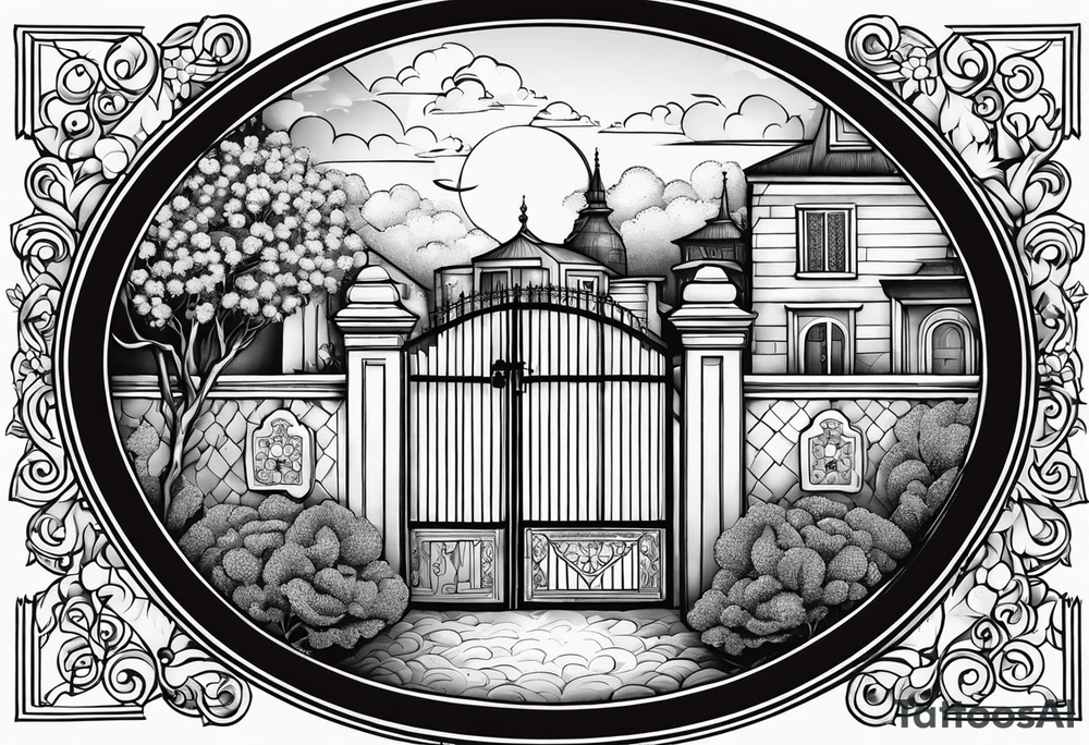 night Jewish town  garden small houses gate entrance 
 in circle vignette surrounded by clouds floral tattoo idea