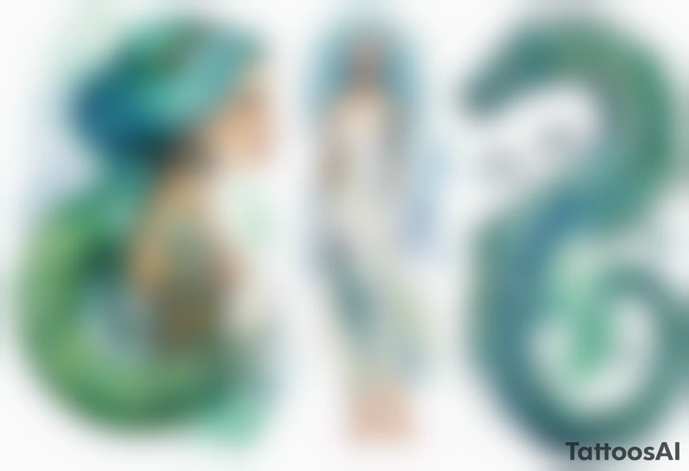 a sea serpent next to a women with blue-green hair wearing a white tunic tattoo idea
