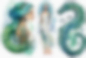 a sea serpent next to a women with blue-green hair wearing a white tunic tattoo idea