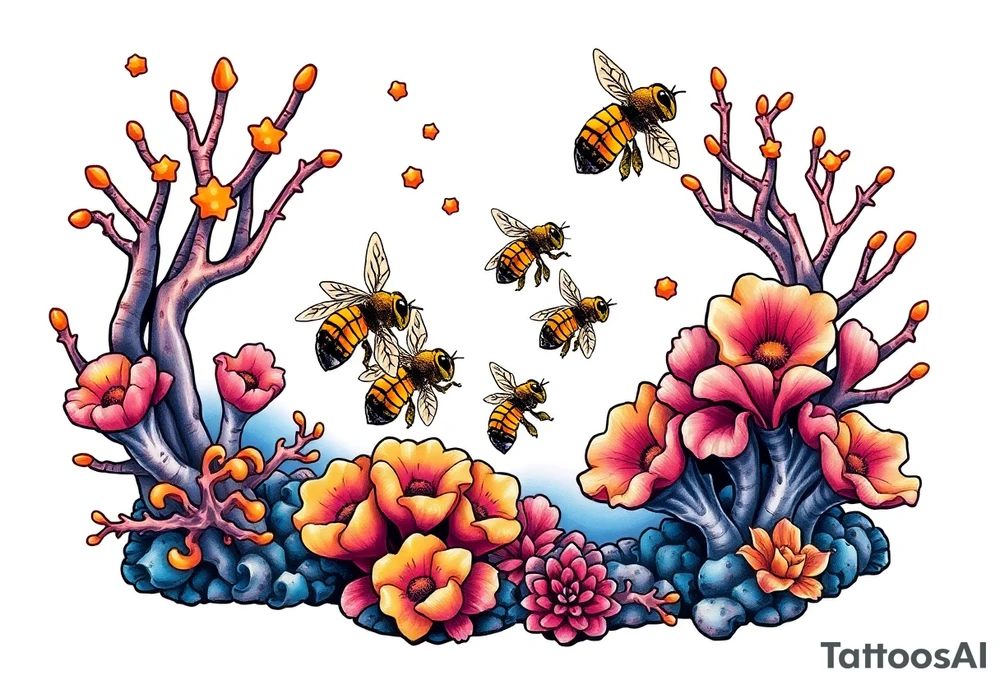 Coral reef scene with honey bees swimming tattoo idea