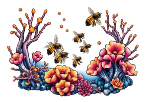 Coral reef scene with honey bees swimming tattoo idea