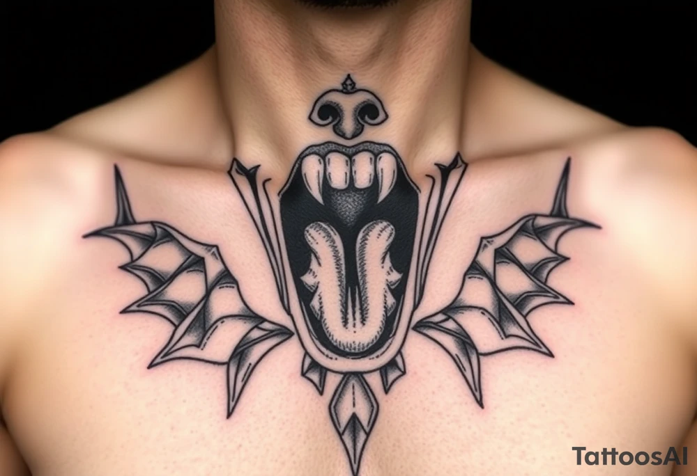 Feminine Tattoo female mouth open with horns just barley touching collarbone with a lot of shading tattoo idea