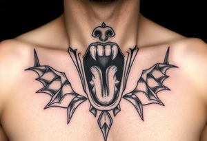 Feminine Tattoo female mouth open with horns just barley touching collarbone with a lot of shading tattoo idea