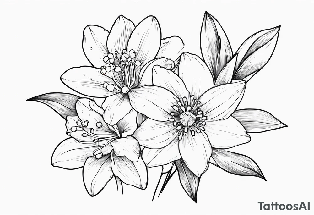 fine line flowers, vines, lily of the valley flower, aster flower, narcissus flower tattoo idea