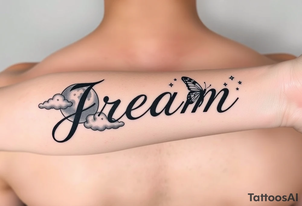 The name Jream in cursive with shaded clouds, a moon and butterfly’s with stars on forearm tattoo idea