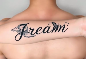 The name Jream in cursive with shaded clouds, a moon and butterfly’s with stars on forearm tattoo idea