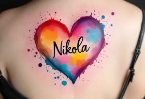 A colorful splashed heart, with vibrant hues of red, pink, blue, and yellow, and the name "Nikola" boldly displayed in a black modern sans-serif font. tattoo idea