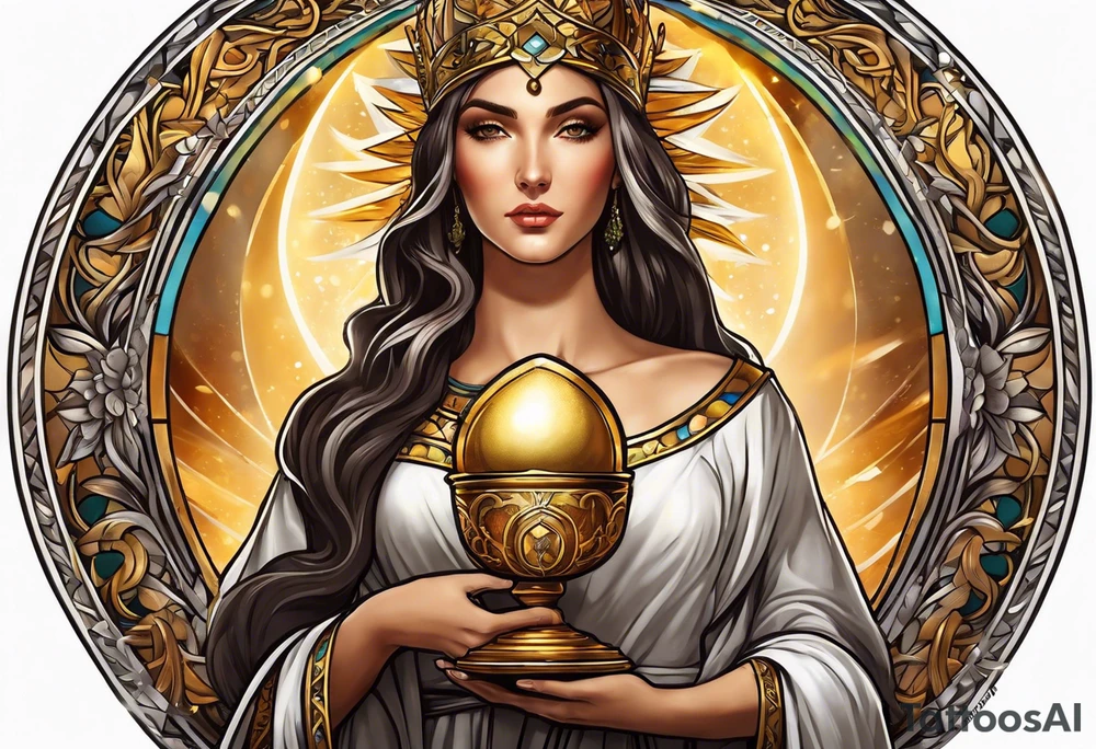 woman saint holding chalice surrounded by golden halo portrait tattoo idea