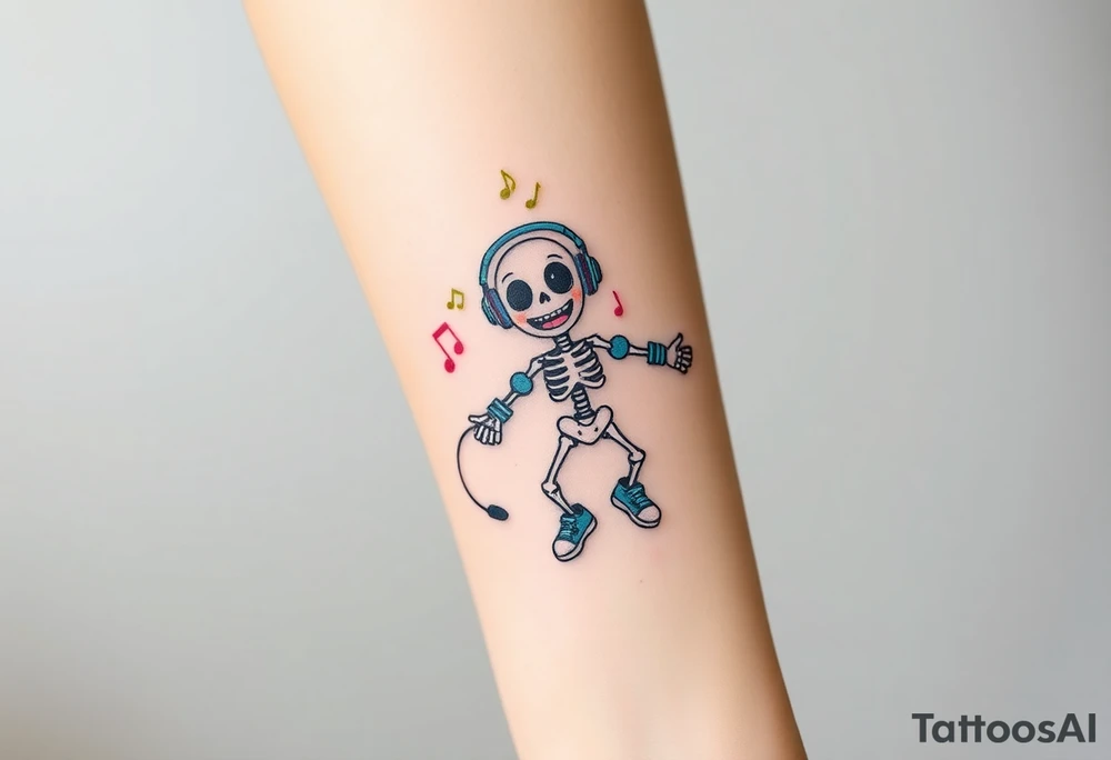 Cute smiley skeleton with love in his eyes jumping on a jump rope with blue headphones blue armbands blue sneakers and colorful  music notes around his head tattoo idea