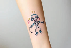 Cute smiley skeleton with love in his eyes jumping on a jump rope with blue headphones blue armbands blue sneakers and colorful  music notes around his head tattoo idea