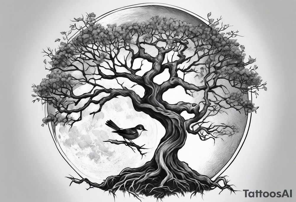 strong, poison tree, branches, roots, birds, tall, full moon tattoo idea