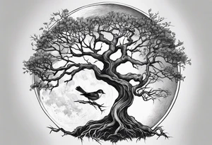 strong, poison tree, branches, roots, birds, tall, full moon tattoo idea