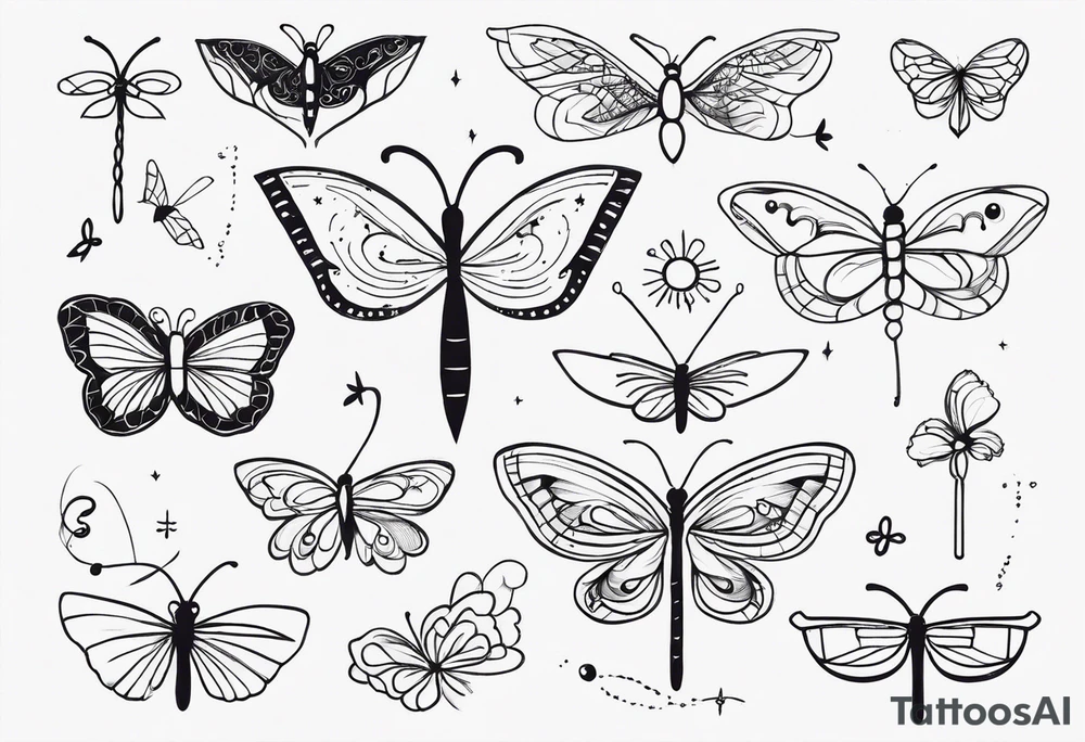 Fine line spine tattoo, butterflies, dragonflies, moons, motivational quote and other unique sketches tattoo idea