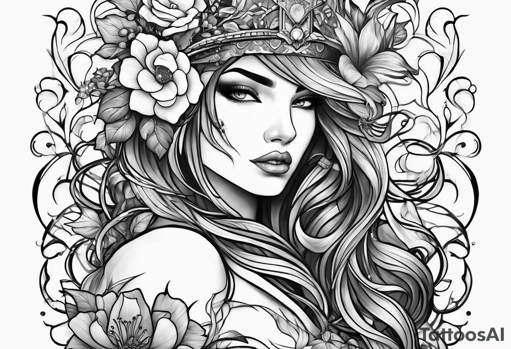 Powerful sexy warrior woman with flowers and vines tattoo idea