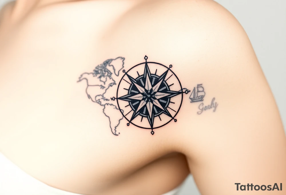 antique compass rose overlaid on weathered world map with sailing ships with light house tattoo idea