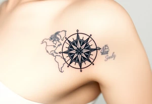 antique compass rose overlaid on weathered world map with sailing ships with light house tattoo idea